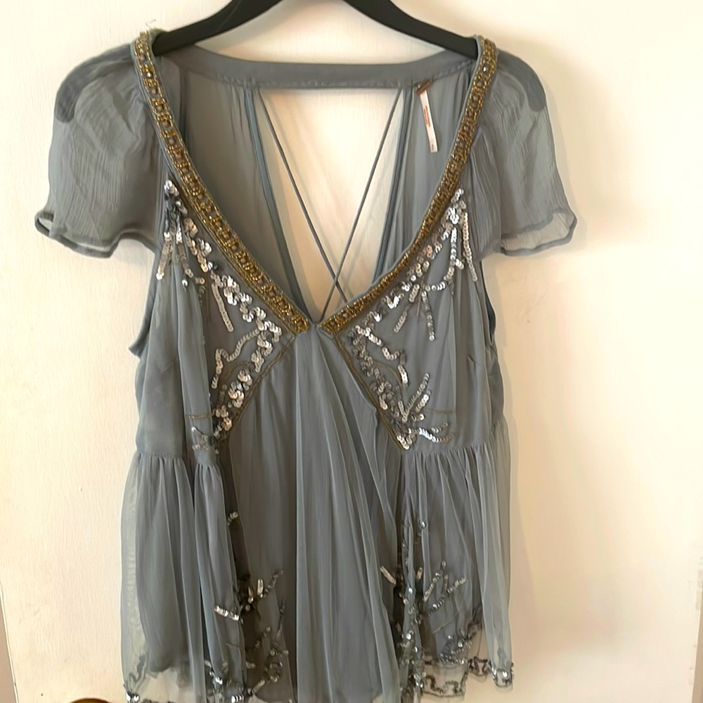 Free People icy blue boho top with sequins size small